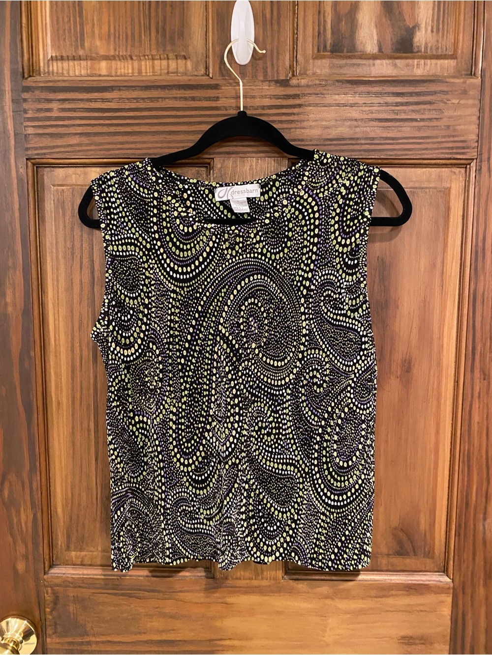dressbarn Black Tank Top with Lime Green Swirl Dot Print, Women Large